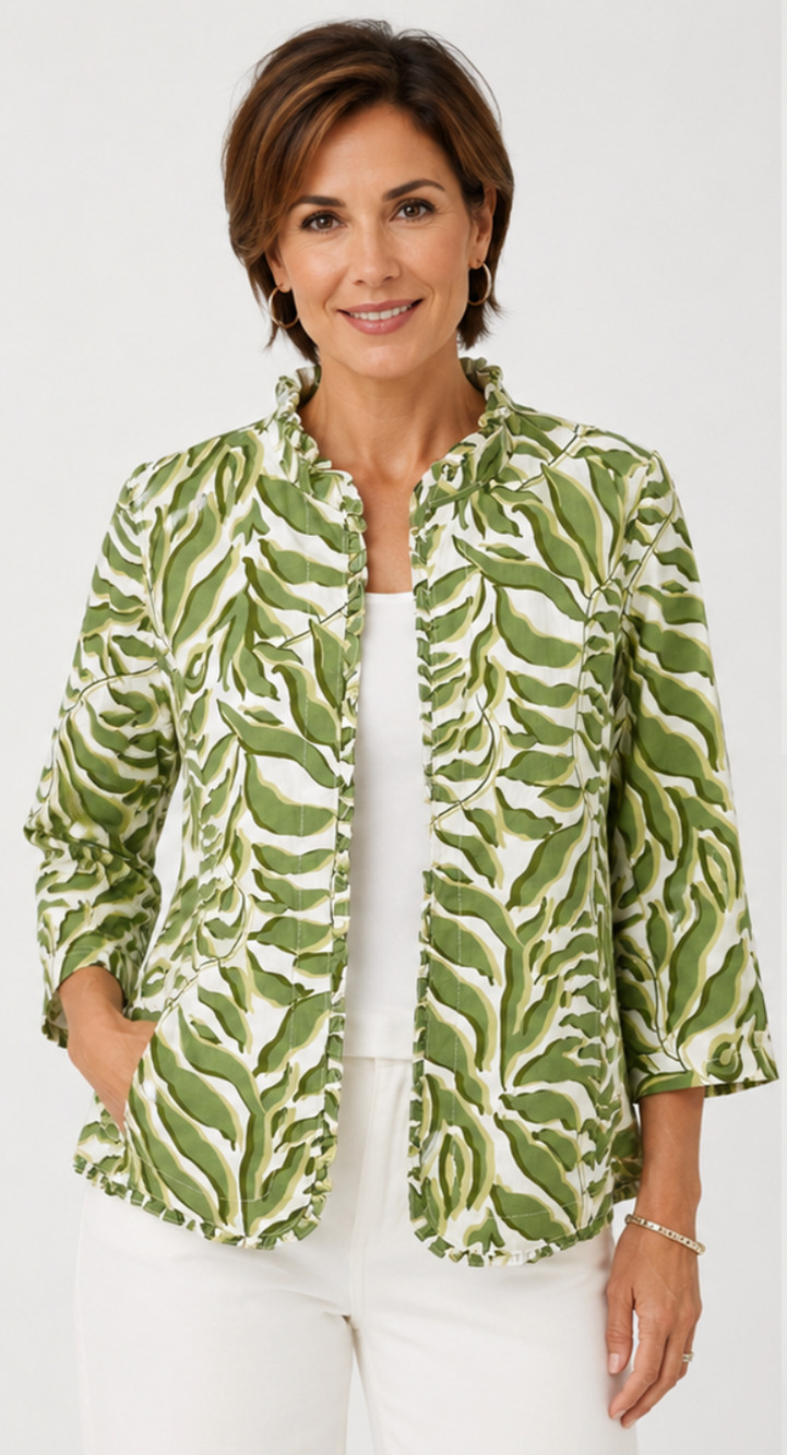 NWT CHICO'S WHITE GREEN SPANISH MOSS PUKALANI PALMS RUFFLE JACKET SZ 1